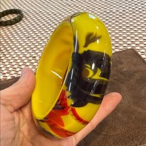 Yellow Resin Bangle Bracelet with Black & Red Accents